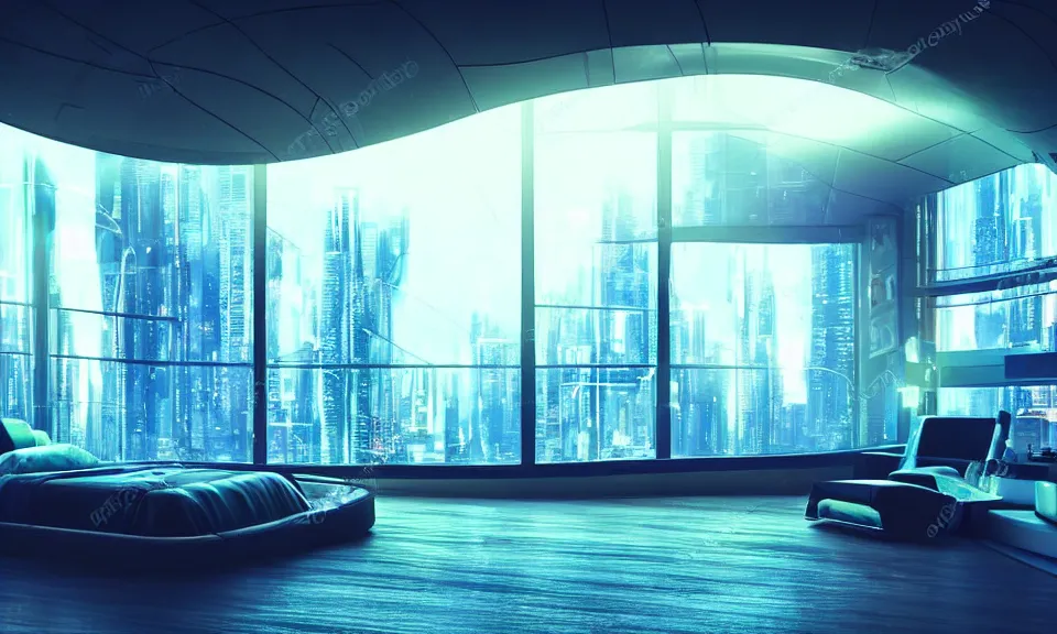 Image similar to a futuristic bedroom with large curved ceiling high windows looking out to a far future cyberpunk cityscape, cyberpunk neon lights, raining, scifi