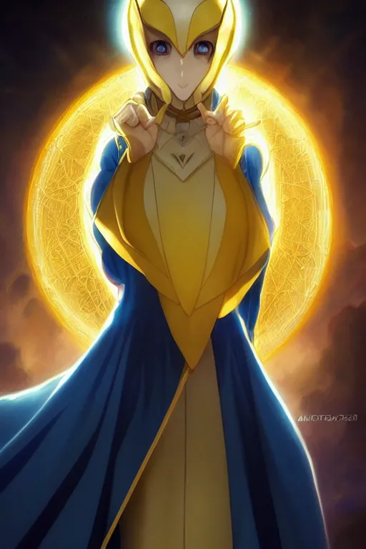 Image similar to anime key visual of a beautiful young female doctor fate!! intricate, cape, glowing, powers, dc comics, cinematic, stunning, highly detailed, digital painting, artstation, smooth, hard focus, illustration, art by artgerm and greg rutkowski and alphonse mucha