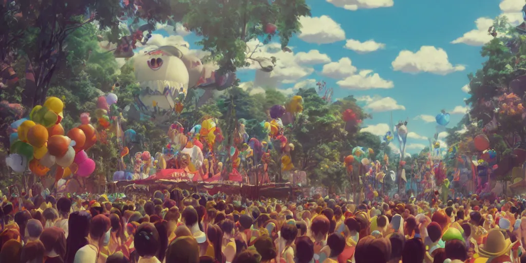 Prompt: a film still of a float carnival, medium shot, waist up, studio ghibli, pixar and disney animation, sharp, rendered in unreal engine 5, anime key art by greg rutkowski, bloom, dramatic lighting