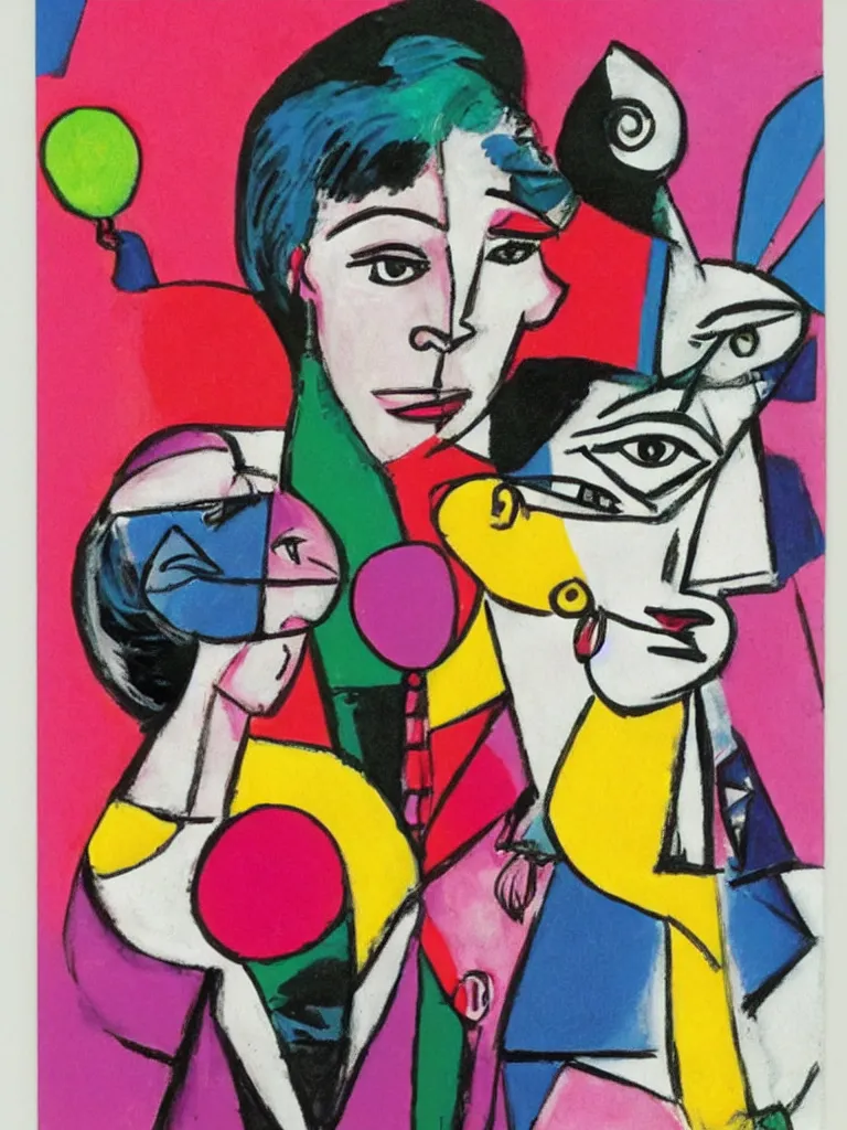 Prompt: a colorful birthday card featuring audrey hepburn and balloons and cake by pablo picasso