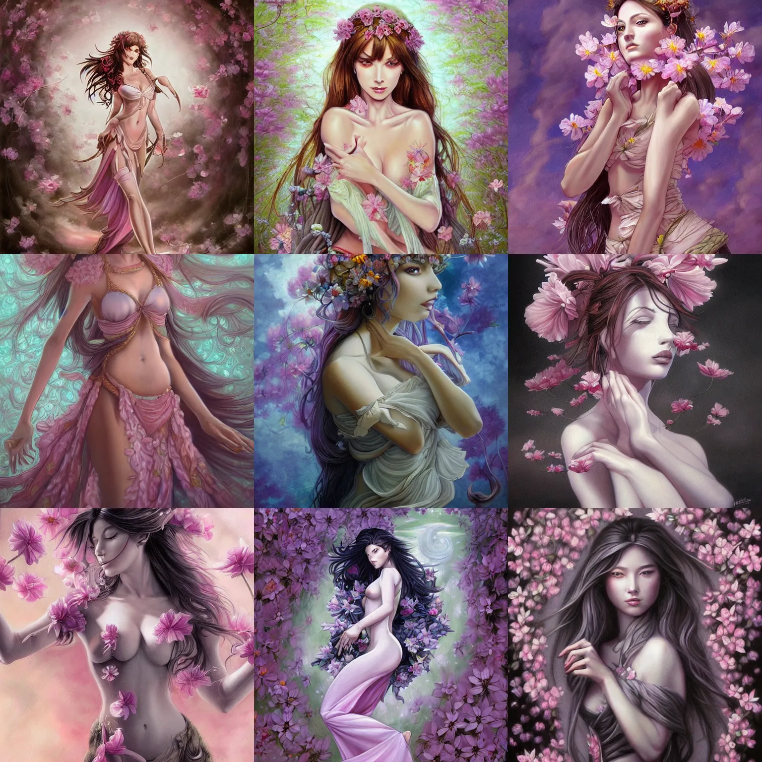 Prompt: a painting of a beautiful 🌸 🌼 💮, an ultrafine detailed painting, by mark brooks, centered full body, featured on deviantart, fantasy art, detailed painting, deviantart, anime