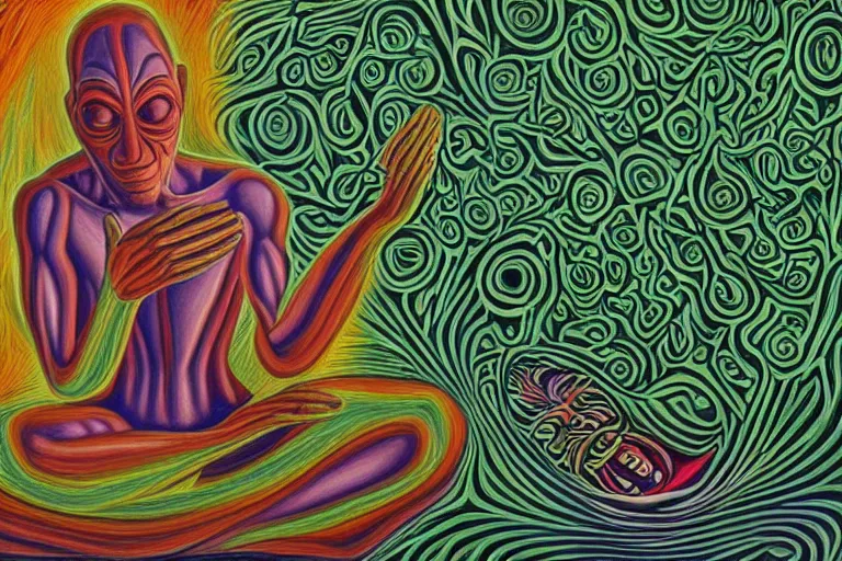 Image similar to painting of a terrified alien meditating under a tree by alex grey, acrylic art, dreadful, soothing, somber, elegant, soft light,