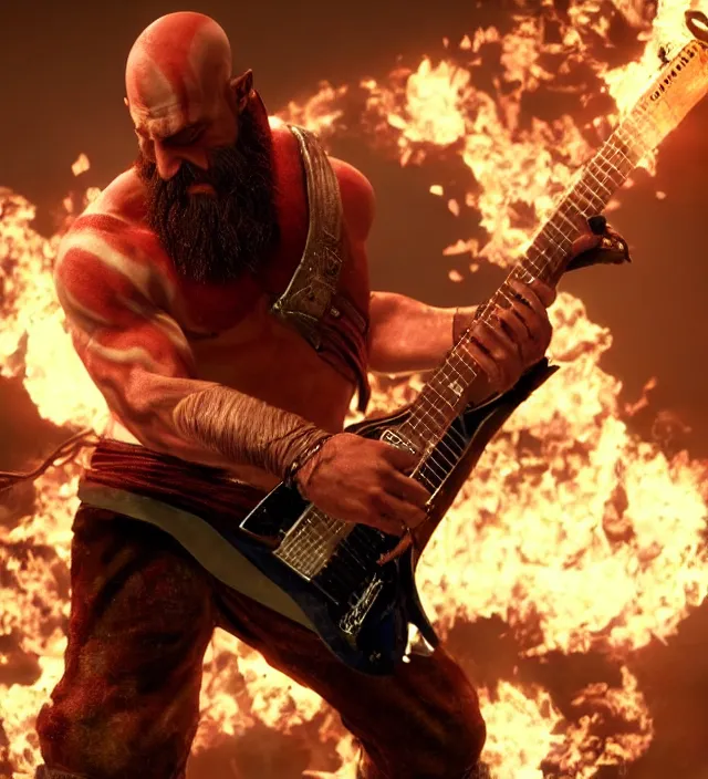 Image similar to kratos shredding on a flaming stratocaster guitar guitar, cinematic render, god of war 2 0 1 8, santa monica studio official media, lightning, stripe over eye