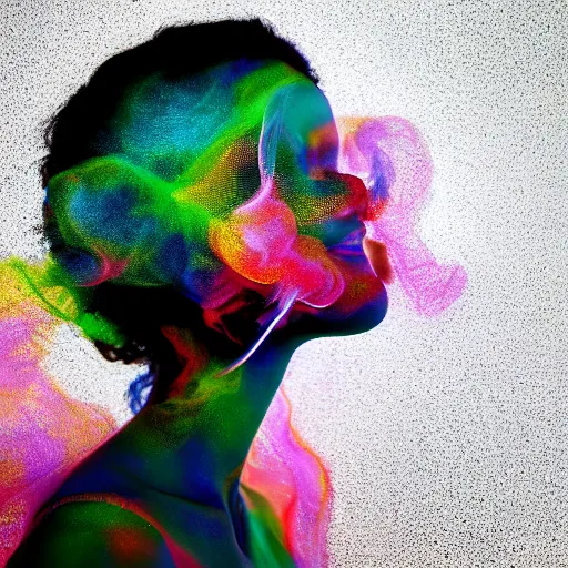 Prompt: woman made from coloured clouds and smoke, studio photo on a black background