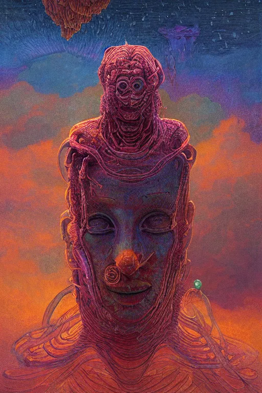 Image similar to 4K Stunningly detailed Ancient Beautiful portrait of a Smile inspired in beksinski and dan mumford work, remixed with Simon Stalenhag work, sitting on the cosmic cloudscape