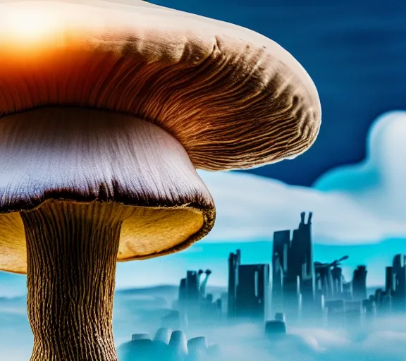Image similar to a giant mushroom that stretches above the clouds with an upside down city built from the cap instead of gills. highly detailed 8 k. intricate. lifelike. soft light. nikon d 8 5 0. cinematic post - processing