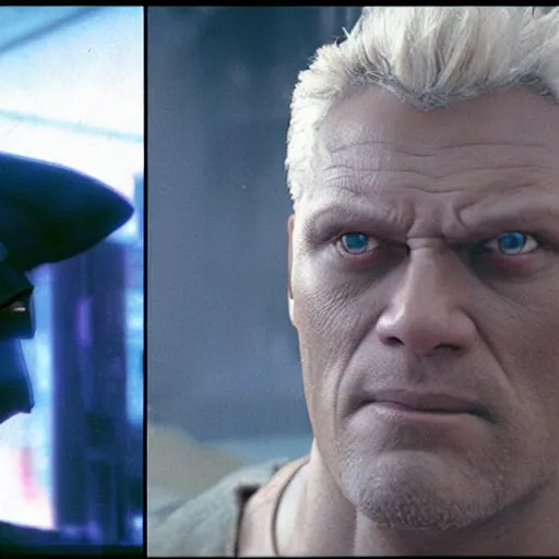 Prompt: Batou looking at camera in the style Ghost in the shell. Moebius, cyberpunk, masterpiece