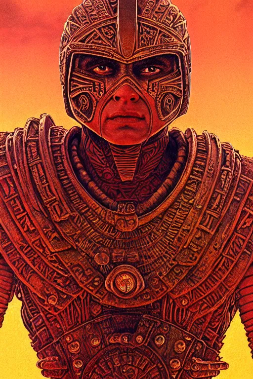 Image similar to aztec warrior, character portrait, portrait, close up, concept art, intricate details, highly detailed, blood moon background, soft light, vintage sci - fi poster, in the style of chris foss, rodger dean, moebius, michael whelan, and gustave dore