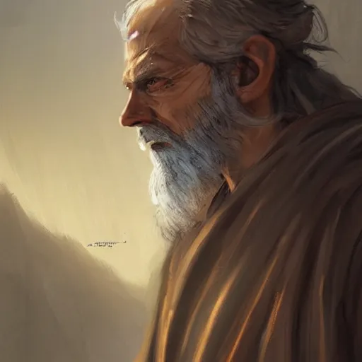 Image similar to portrait of a man by Greg Rutkowski, an old Jedi, arabian features, and olive skin, long black hair and beard, wise appearance, orange robes, Star Wars Expanded Universe, he is about 60 years old, highly detailed portrait, digital painting, artstation, concept art, smooth, sharp foccus ilustration, Artstation HQ