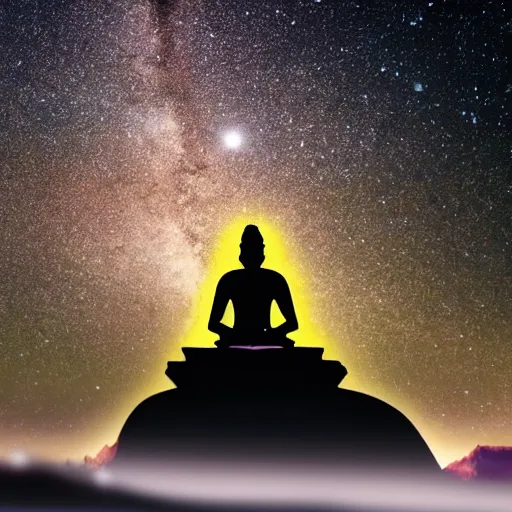 Image similar to Film still of silhouette of indian statue, sukhasana, starry sky with flying saucer, ufo, ufo, ufo, with radiating hill, full shot