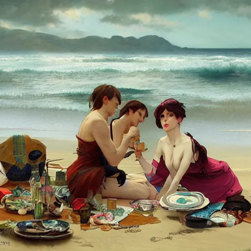 Image similar to a picnic on the beach by by tsuyoshi nagano, greg rutkowski, artgerm, alphonse mucha