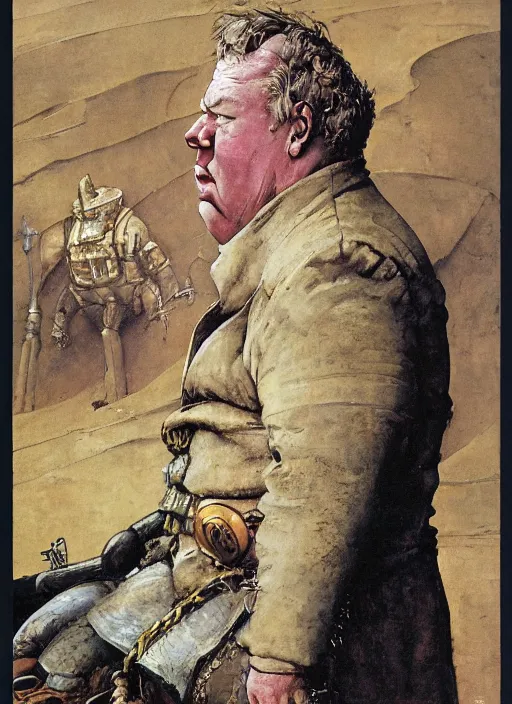 Prompt: kenneth mcmillan as baron vladimir harkonnen in dune, dynamic, by norman rockwell and craig mullins and lawrence alma tadema and nc wyeth and tom lovell, arstation baron character