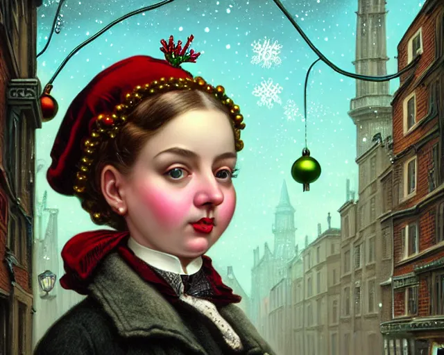 Image similar to closeup profile portrait of victorian london streets, mark ryden, lostfish, max fleischer, hyper realistic, artstation, illustration, digital paint, matte paint, vivid colors, bright, cheerful, detailed and intricate christmas environment
