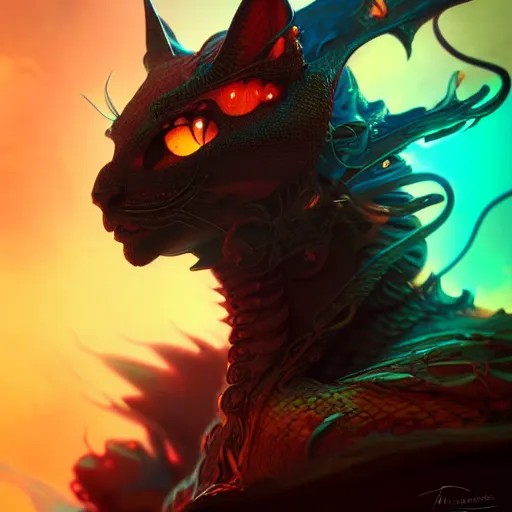 Image similar to beautiful colorful dragon cat. intricate portrait, occult cyberpunk, ancient futuristic, dark art, occult. by Petros Afshar, by artgerm, by Eddie Mendoza, by Peter mohrbacher, octane render, 3d, unreal engine, depth of field, bokeh, motion blur, blur