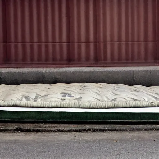 Prompt: a picture of a bank under a mattress in the style of banksy