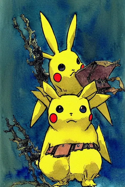 Image similar to a simple and atmospheric watercolour fantasy character concept art portrait of a mechanized android pikachu as a druidic warrior wizard looking at the camera with an intelligent gaze, very muted colors, by rebecca guay, michael kaluta, charles vess and jean moebius giraud