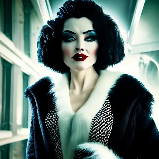 Image similar to disney cruella devilla, 8 k, professional photography, cinematic shot, dark, smoke