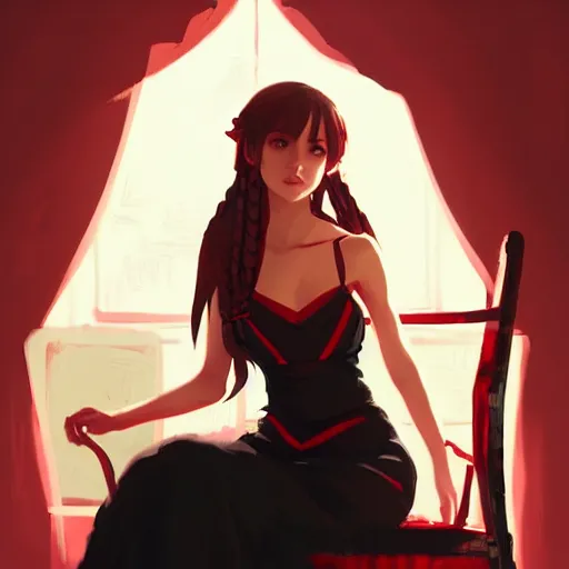 Prompt: beautiful woman with braided brown hair, wearing an elegant dress, sitting in a chair, painting, red and black color palette, in the style of greg rutkowski, high quality anime artstyle