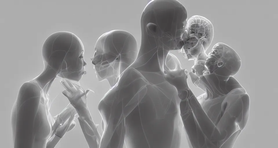 Prompt: xray photos of bionic couples kissing each other, octane render, concept art, realistic, high details, art by hsiao - ron cheng and james jean highly detailed, intricate detail, unreal engine, octane render