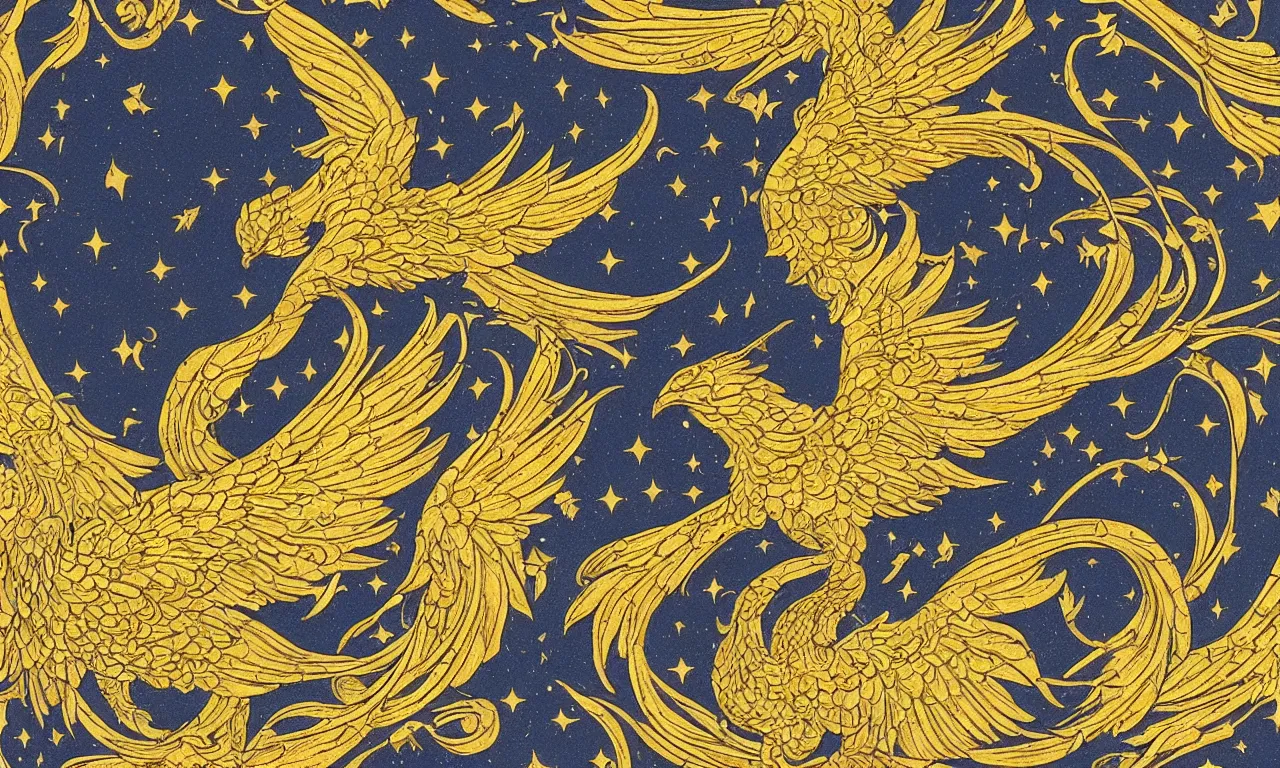 Prompt: a skymap with a detailed constellation of a phoenix bird, cosmos background with golden art nouveau frame