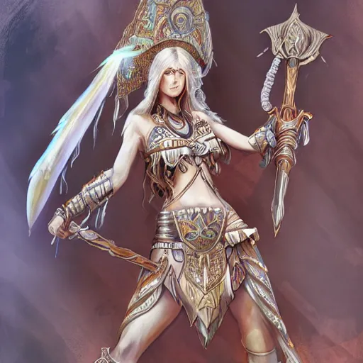 Prompt: concept art of beautiful priestess in warrior pose, hyper detailed