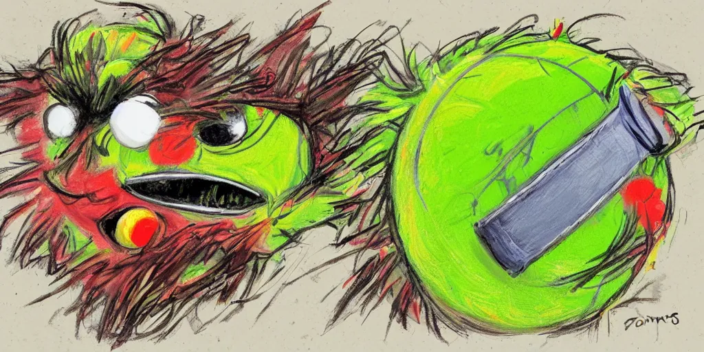 Image similar to tennis ball monsters, tennis match, tennis court, spectators, stadium, digital art, fantasy, magic, chalk, chalked, trending on artstation, ultra detailed, detailed, fine details, professional illustration by basil gogos