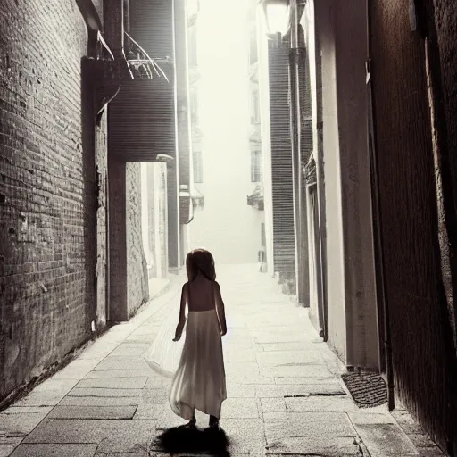 Prompt: a girl in a white dress, holding a lantern, dramatic lighting, walking through a dark alleyway surrounded by tall buildings, 8k, trending on artstation, drawn by wlop