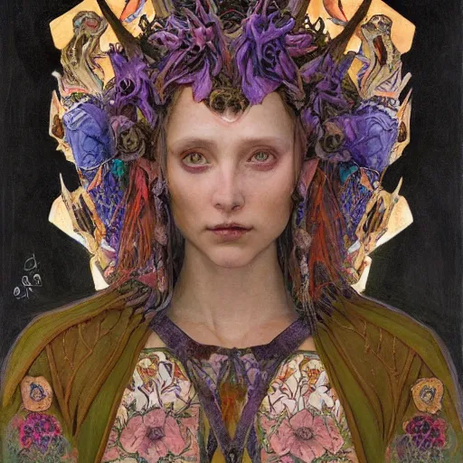 Image similar to the bone crown, by Annie Swynnerton and Nicholas Roerich and Donato Giancola, embroidered robes, floral tattoos, bioluminescent, elaborate costume, geometric ornament, symbolist, soft colors, dramatic lighting, smooth, sharp focus, extremely detailed