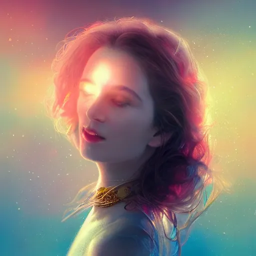 Image similar to beautiful uncertainty, sharp focus, intricate, elegant, digital painting, artstation, matte, highly detailed, concept art, illustration, volumetric lighting, gold and blue and pink color scheme, bokeh light, art by greg olsen and liz lemon swindle