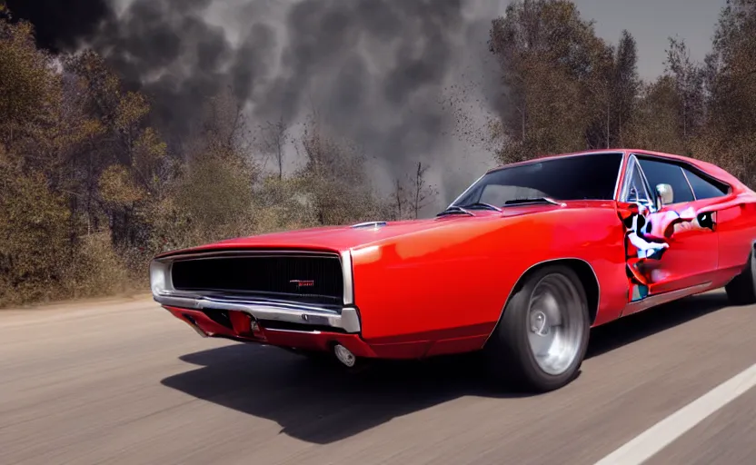 Image similar to a red 1 9 6 8 dodge charger r / tdriving high speed, fire explosion in the background, action scen. realistic. high resolution. dramatic