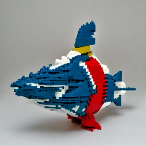 Prompt: lego sculpture of a rocket fish, thoughtful, elegant, real