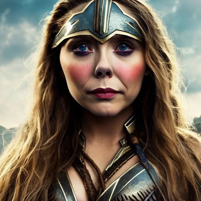 Prompt: professional full length photograph of elizabeth olsen as an amazon warrior. Extremely detailed. 8k