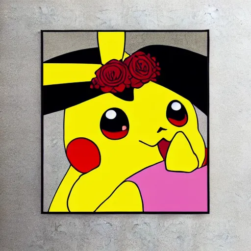 Prompt: pikachu cosplay as frida kahlo, full body portrait photography, in the style of Parisian cafe wall art, subtle subdued colors, rainy day