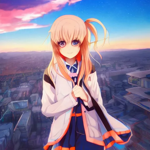 Image similar to Pixiv, Anime Key Visual, cute anime loli with blond hair and cute pigtails, wearing blue coat with a hood and black shorts, jumping from the tallest building of a modern city. She does a superhero pose. Cinematic scene of an HDR sunset, faint orange light. Amazing piece Trending on Artstation