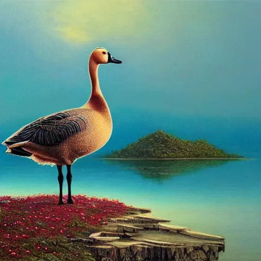 Image similar to beautiful painting of a goose on a island in the middle of the sea, beautiful artwork, intricate artwork by tooth wu, greg rutkowksi and beksinski, 4 k