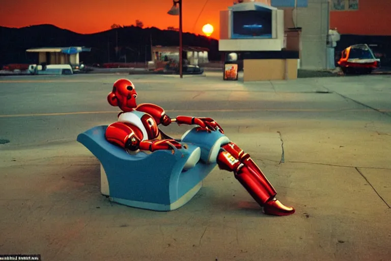 Prompt: robot clown relaxing at a california drive in, in 2 0 0 2, cutecore clowncore, bathed in the the glow of the sunset, low - light photograph, in style of tyler mitchell