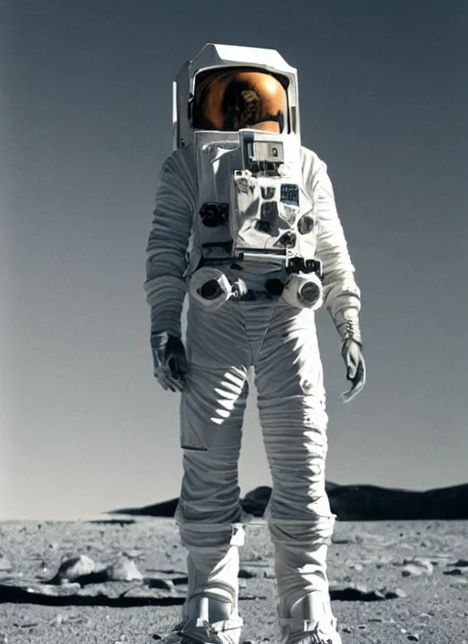 Image similar to futuristic astronaut standing in front of mars colony in the future, 35mm