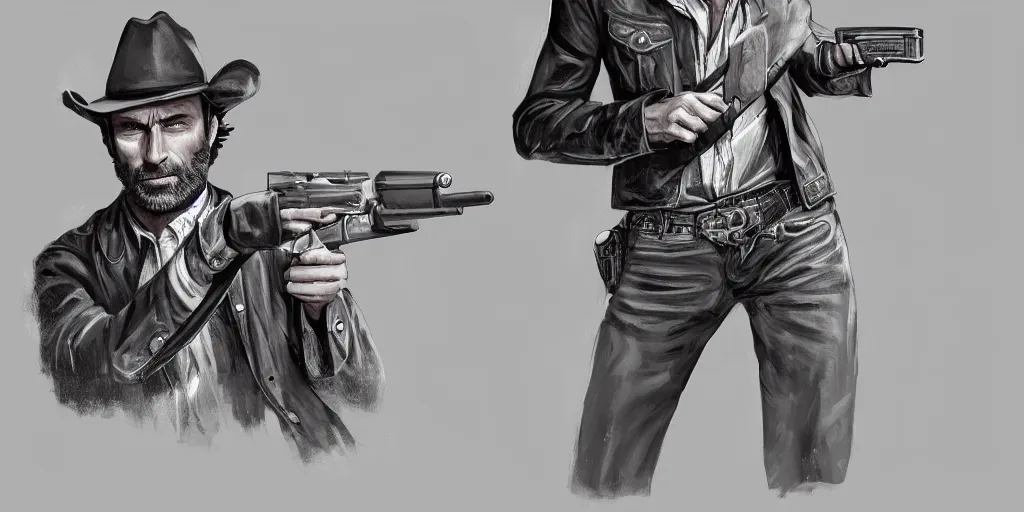 Image similar to highly detailed photo of rick grimes holding a revolver and wearing a cowboy hat, digital painting, trending on artstation, high resolution, transparent background