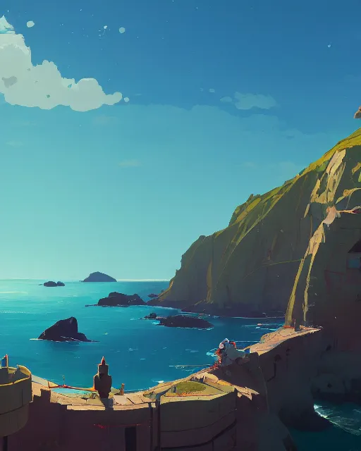 Image similar to painting of guernsey channel islands, detailed, by simon stalenhag, cory loftis, james gilleard, atey ghailan, makoto shinkai, goro fujita, studio ghibli, rim light, exquisite lighting, clear focus, very coherent, plain background, soft painting