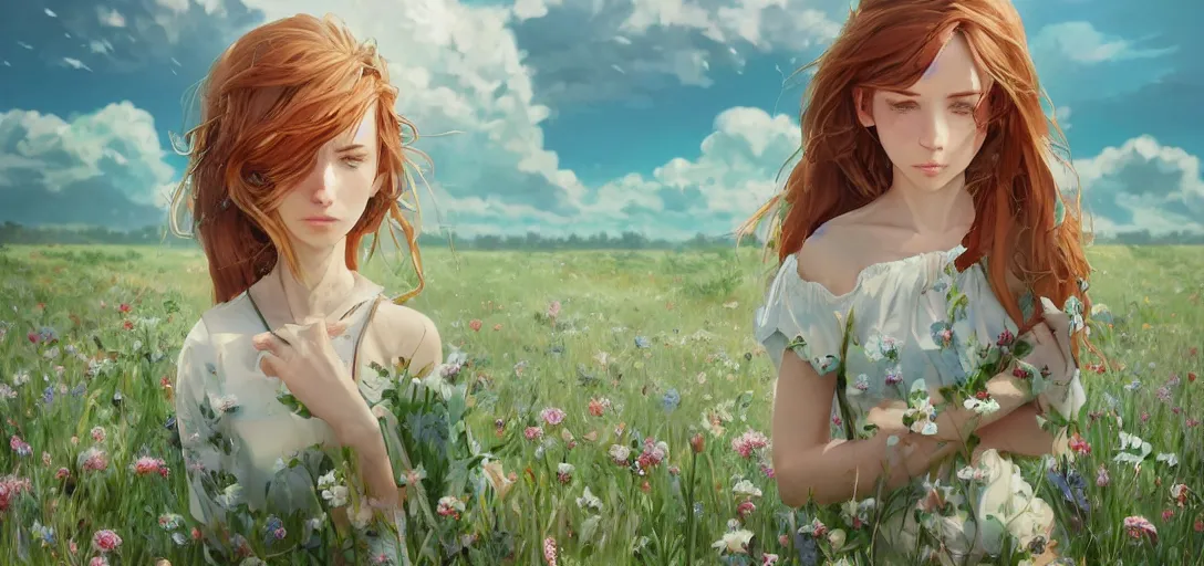 Image similar to a beautiful southern woman named Savannah, innocent, sad turquoise eyes, freckles, long ginger hair tied with white ribbon, relaxed in a field of flowers on a farm, gentle lighting, storm in the distance, somber, western clothing, dress, digital art by Makoto Shinkai ilya kuvshinov and Wojtek Fus, digital art, concept art,