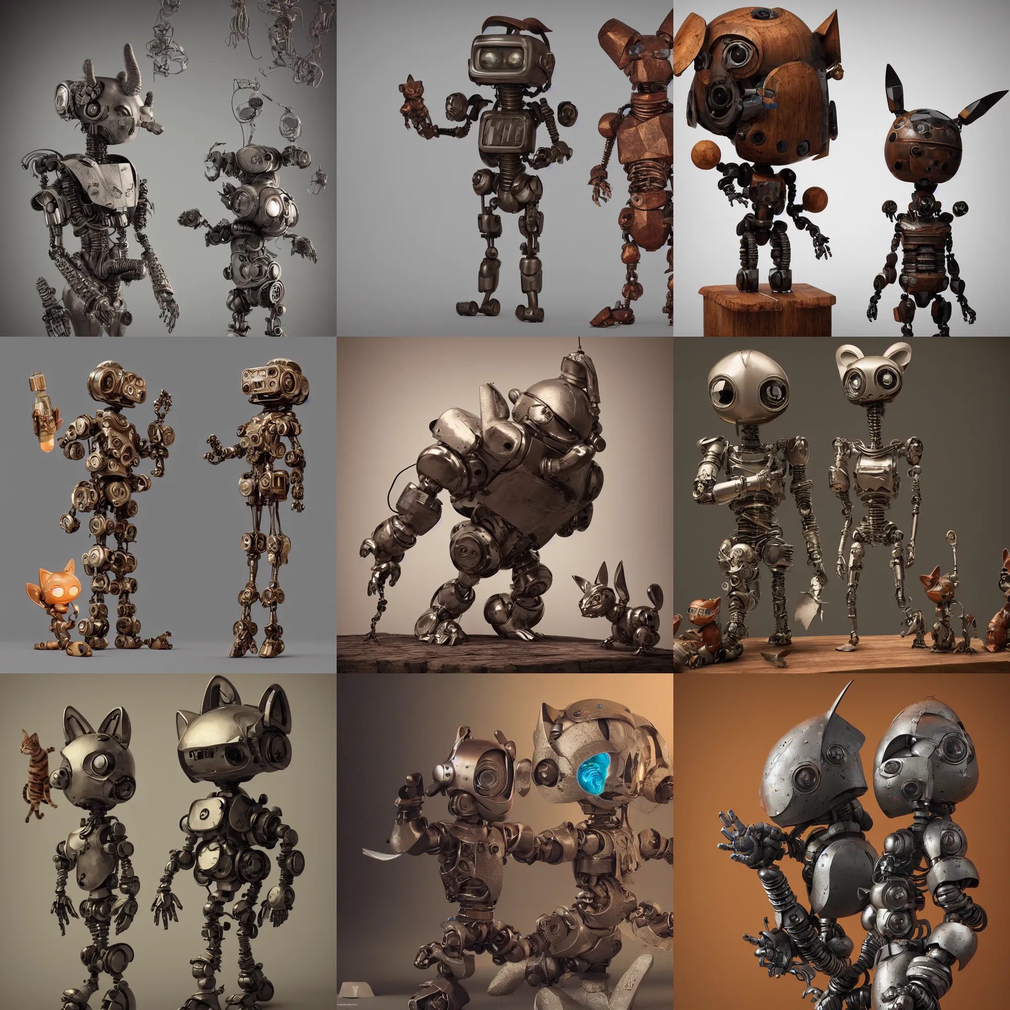 Prompt: 3 d octane render ultra 8 k photorealistic hyper detailed unreal engine a vhs futurepunk concept art, trending on cgsociety artwork masterpiece in a contemporary art gallery lossless quality wooden sculpture statue on feet art toys a very cute mystical robot of the bohemian with cats ears by moebus