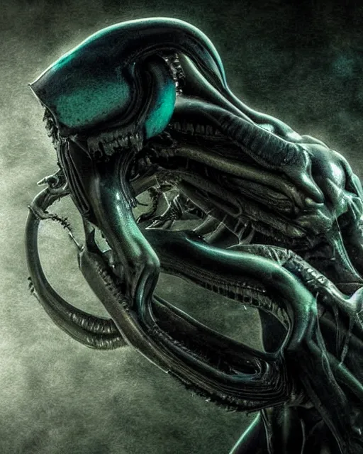 Image similar to xenomorph hugging pale sad beauty, dark emerald mist colors, giger background liminal void, cinematic lighting, realistic, award winning photograph, various refining methods, micro macro autofocus