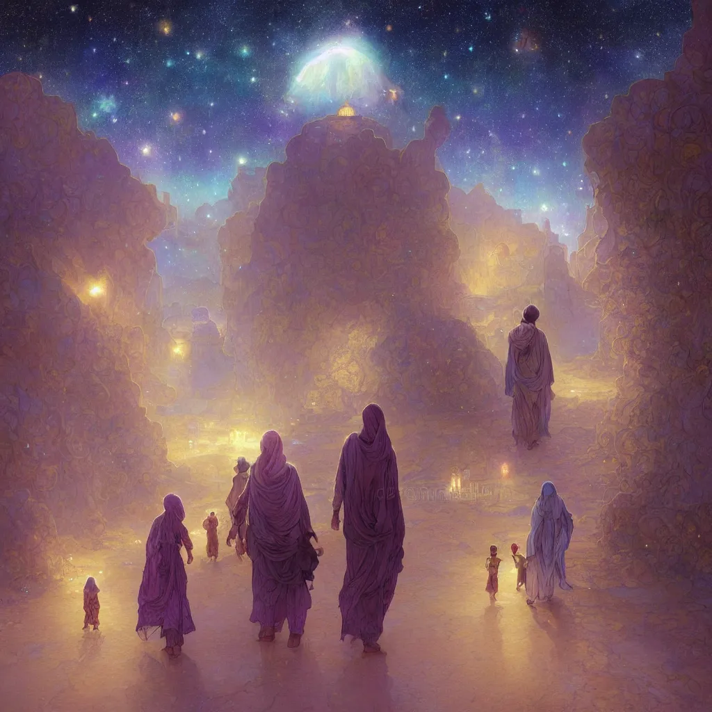 Image similar to bedouin man and woman and child in galaxy walking towards mosque surrounded by nebula, highly detailed, gold filigree, romantic storybook fantasy, soft cinematic lighting, award, disney concept art watercolor illustration by mandy jurgens and alphonse mucha and alena aenami, pastel color palette, featured on artstation