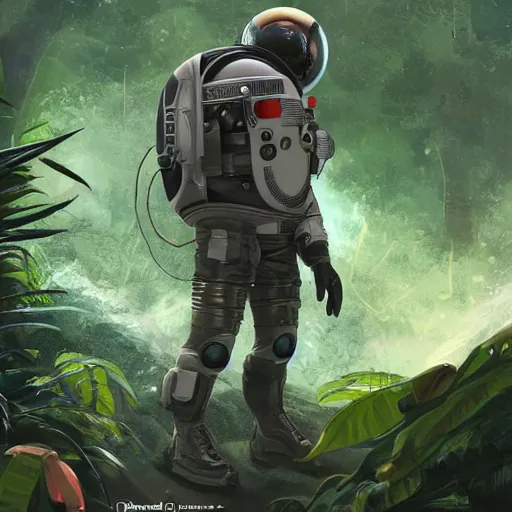 Image similar to view of a future cosmonaut with helmet having cybernetics and wirings exploring a jungle, trending on artstation, art by rossdraws and greg rutkowski, global illumination