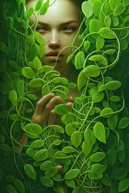 Image similar to a detailed painting of a hand made of green vines leaves plants, horror, highly detailed, digital painting, trending on artstation, smooth, sharp focus, illustration, art by greg rutkowski, loish, rhads, makoto shinkai and lois van baarle, ilya kuvshinov, rossdraws