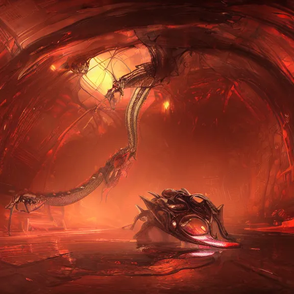 Image similar to inside a cavernous robotic stomach, the walls purple and pulsing, acid pooling inside, acid melting a small dragon, food pov, micro pov, prey pov, vore, dragon vore, digital art, pov furry art, anthro art, furry, warframe art, high quality, 8k 3D realistic, macro art, micro art, Furaffinity, Deviantart, Eka's Portal, G6