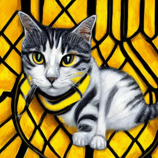 Image similar to oil painting extreme wide shot of a white and grey tabby cat wearing a black yellow striped hufflepuff scarf, in the gloucester cathedral cloisters, digital painting, high detail, award - winning, playful