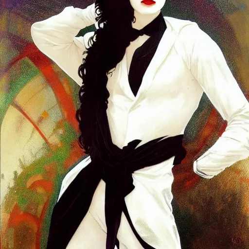 Prompt: beautiful portrait of androgynous ruby rose as desire from sandman in a white tuxedo!!!, rockabilly style, by alphonse mucha, cedric peyravernay, by jeremy mann, by frank moth, white suit and black tie, soft lightning, canon eos c 3 0 0, ƒ 1. 8, high detailed, 8 k