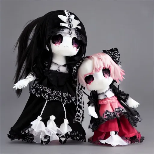 Image similar to cute fumo plush of the nightmare princess, gothic regal and tattered black, broken hearts, tragic wraith, vray