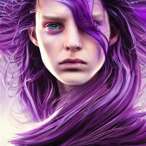 Image similar to detailed photo portrait of a furious teen girl with thin, hair-like purple tentacles on her head and bright purple eyes, 8k,by tristan eaton, Stanley Artgermm,Tom Bagshaw,Greg Rutkowski,Carne Griffiths,trending on DeviantArt, face enhance,hyper detailed ,full of colour, dramatic lightning